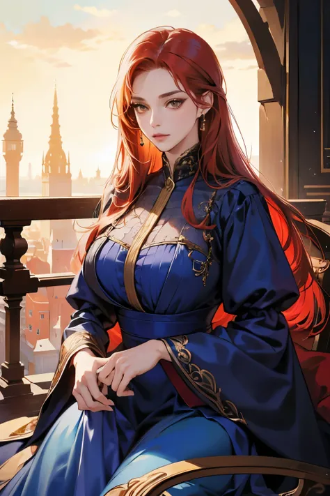 (absurd, high resolution), (panorama), a woman, mature, beautiful, tall, exquisite, yellow eyes, red hair, wearing noble clothes, erotic clothes, blue clothes, blue dress, serene expression, solo character,  sexy, elegant