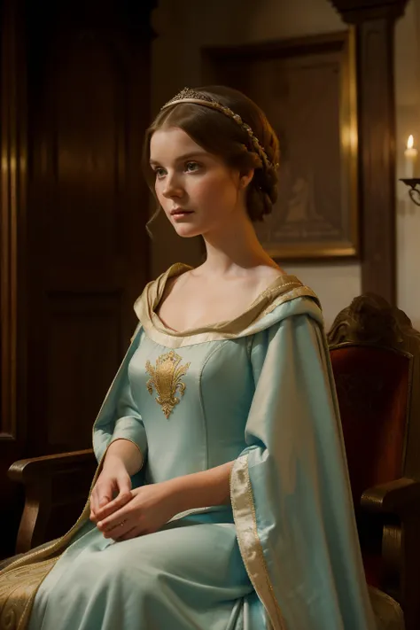 England, 1338. A young ((((26-year-old)) lady Philippa)), elegant, in her chambers, ((furious expression)). ((((clothings from the 1300s, gown)))), ((hairstyle of the 1300s))