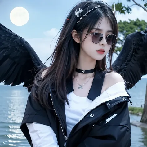 Sunglasses,satanic necklace,choker, black shirt with tie, The shirt buttons are all unbuttoned, black veil, satanic earing,standing in the lake with moon in the sky, angel, wings, White wings, holy girl, horns, lucifer, sunglasses