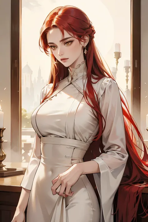 (absurd, high resolution), (panorama), a woman, mature, beautiful, tall, exquisite, yellow eyes, red hair, wearing noble clothes, erotic clothes, white clothes, white dress, serene expression, solo character,  sexy, elegant