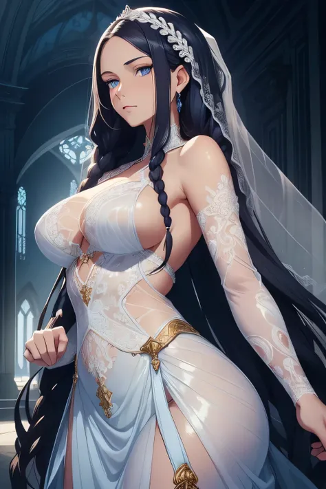 1 beautiful woman, fair skin, long dark hair, braids half up, blue eyes, ((detailed eyes:1.2)), medium breasts, wearing translucent wedding dress, elegant, sensual, sideboob, (masterpiece, top quality, best quality, official art, beautiful and aesthetic:1....