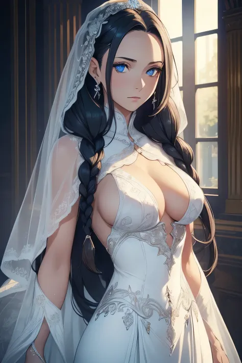 1 beautiful woman, fair skin, long dark hair, braids half up, blue eyes, ((detailed eyes:1.2)), medium breasts, wearing translucent wedding dress, elegant, sensual, sideboob, (masterpiece, top quality, best quality, official art, beautiful and aesthetic:1....