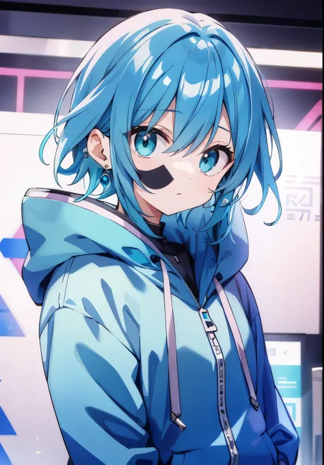 aqua hair、cyber punk、hoodie、Pale、center part、earrings