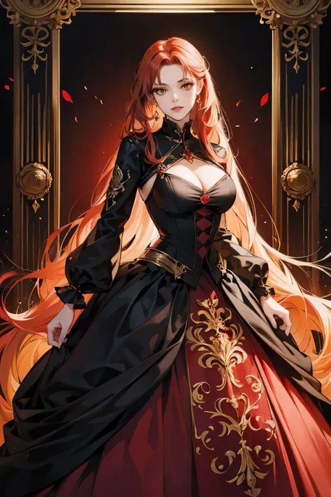 (absurd, high resolution), (panorama), a woman, mature, beautiful, tall, exquisite, yellow eyes, red hair, wearing noble clothes, erotic clothes, black clothes, black dress, serene expression, solo character, sexy, elegant