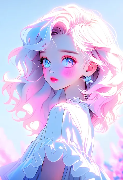 illustration style, anime , realistic ,sketch , 1 girl, ,pink lip, long eyelashes、shining blue eyes、ruffle skirt,order, pastel c...