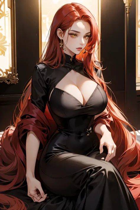 (absurd, high resolution), (panorama), a woman, mature, beautiful, tall, exquisite, yellow eyes, red hair, wearing commoner clothes, erotic clothes, black clothes, black dress, serene expression, solo character, sexy, elegant