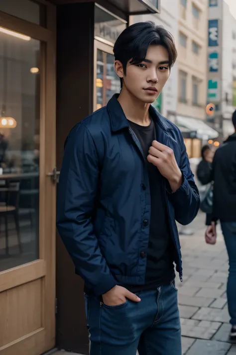 handsome Korean man resembling Cha Eun Woo, aged 22, standing outside a aesthetic themed resaurant. He has a slim. He is dressed in a dark blue jacket with black t shirt and dark blue jeans.The image should have the appearance of being taken from far, with...