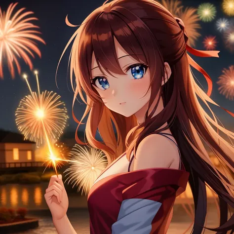 anime girl with blue eyes holding sparkler in front of fireworkss, anime style 4k, 4k anime wallpaper, anime wallpaper 4k, anime wallpaper 4k, anime art wallpaper 4k, Anime Art Wallpaper 4k, Beautiful anime girl, anime art wallpaper 8k, Beautiful anime por...