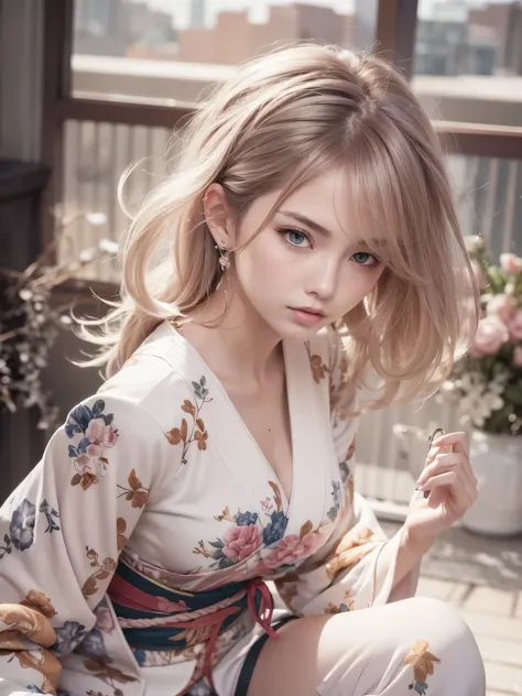 Masterpiece, RAW photo，photorealism，high resolution，best quality，high definition, perfect composition, perfect face, perfect body, 32K,cinematic lighting，short kimono, revealing clothes, cleavage, sexy girl, white hairs, panties