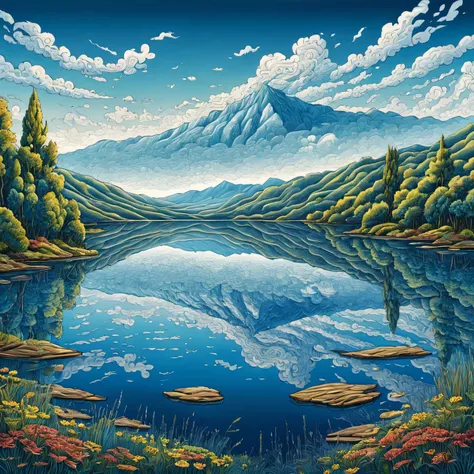 quiet salt lake、 A is drawn、Cloudless blue sky、lake reflecting the sky、Scenes are rendered with intricate Zentangle details, The artwork has a cinematic feel, Emotional, and great atmosphere. Colors present a bright and vibrant palette, And the lighting cr...