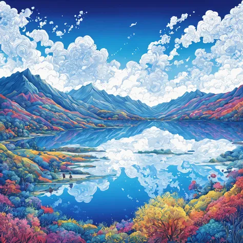 quiet salt lake、 ((A is drawn:1.6))、Cloudless blue sky、lake reflecting the sky、Scenes are rendered with intricate Zentangle details, The artwork has a cinematic feel, Emotional, and great atmosphere. Colors present a bright and vibrant palette, And the lig...