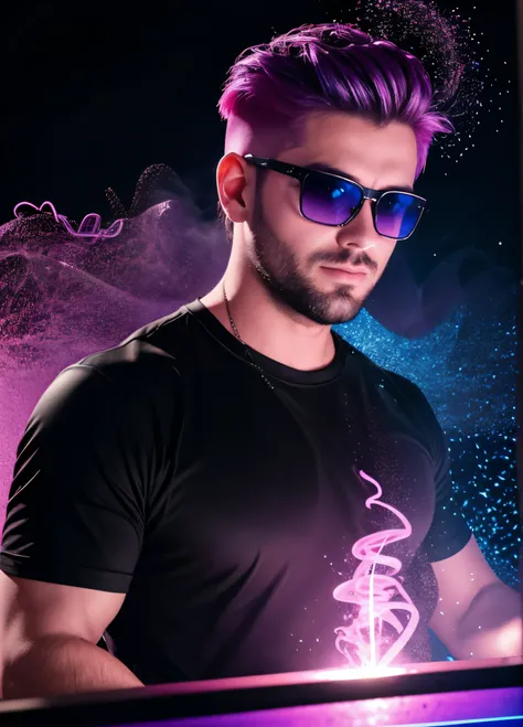  30 years old man DJ upper body in frame, black shirt in sunglasses with purple frames and rose-colored glass illuminated by colored lights photorealistic background bright colors Luminous neon pink and neon blue glitter dust background with pink and blue ...