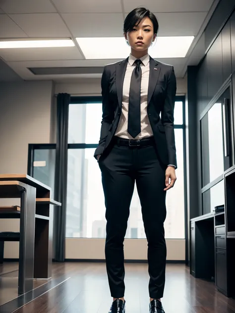 A muscular asian woman, big biceps, big abs, big abdominal muscles, buff body, tall body, short-haired, confidently standing in office, wearing a mens suit and tie, mens pants, no makeup, no accessory, assertive stance, cool pose, masculine vibes, cool vib...