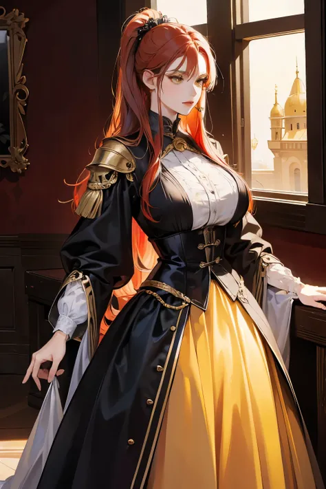 (absurd, high resolution), (panorama), a woman, mature, beautiful, tall, exquisite, yellow eyes, red hair, wearing knights clothes, knights, erotic clothes, black clothes, serene expression, solo character, sexy, elegant