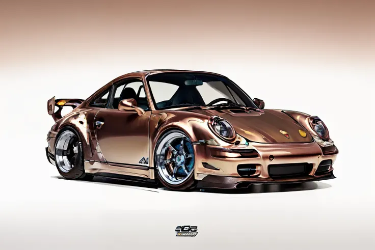 nvinkpunk, painting of a city with a candy brown metallic paint, metallic brown Porsche 911 rwb rotting,wide bodykit, large wheels, high quality,