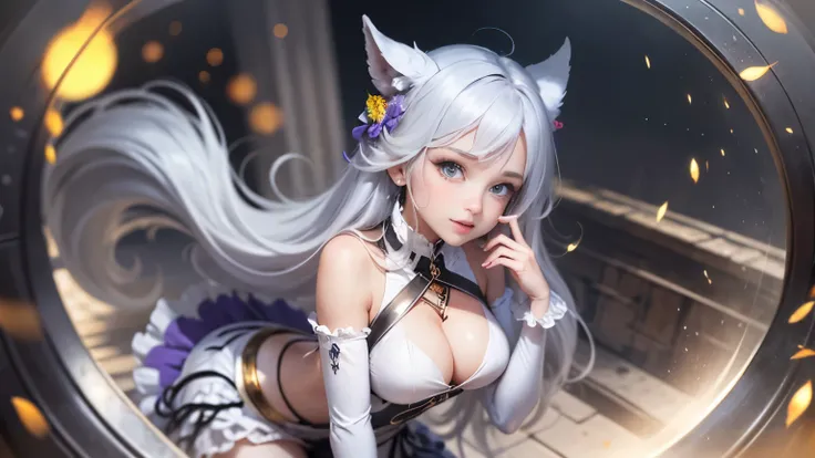 anime girl, white pantyhose, white clothes, white boots, long silver hair, purple eyes, sexy pose, highest quality, cleavage、beautiful eyes、smile