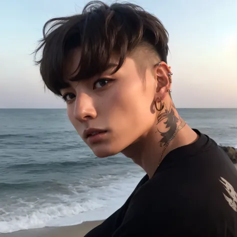 chiseled man with neck and neck tattoos sitting on a beach, Jungkook, Ulzzang masculino, inspirado em Jeon jungkook, imagem de perfil, Jinyoung Shin, hyung ungkook , headshot imagem de perfilture, homem sul-coreano, handsome prince and androgynous, jungkoo...