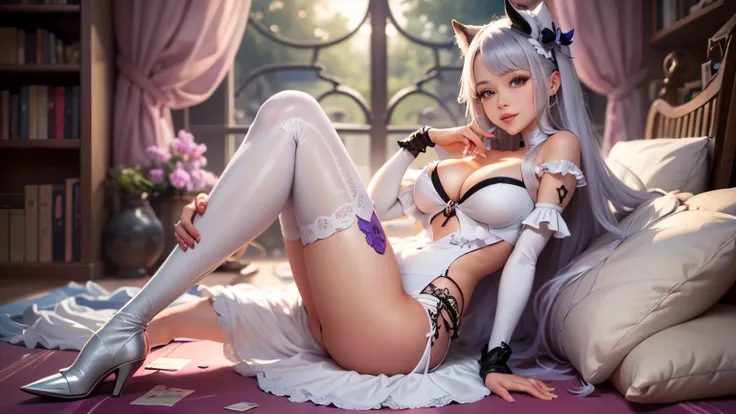 anime girl, white pantyhose, white clothes, white boots, long silver hair, purple eyes, sexy pose, highest quality, cleavage、beautiful eyes、smile