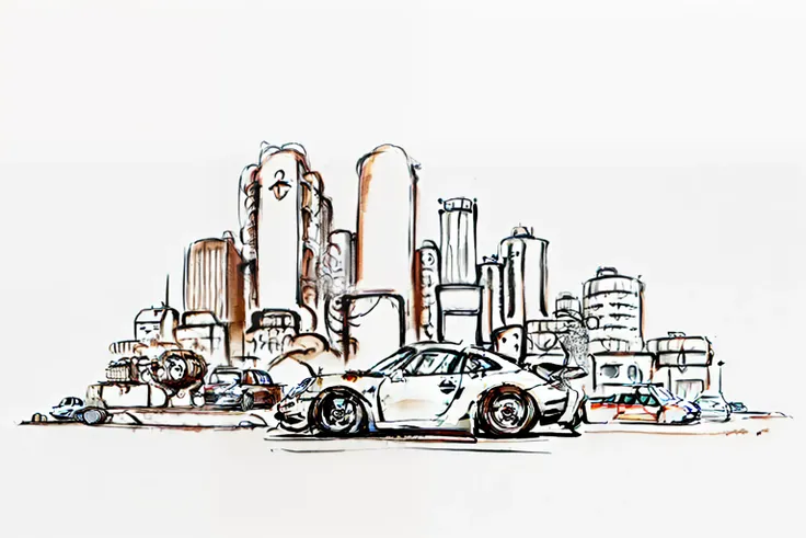 nvinkpunk, painting of a city with a rusty brown Porsche 911 rwb rotting,wide bodykit, large wheels, high quality,