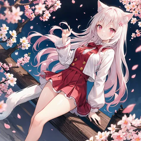 Long white hair、pink eyes、One Beautiful Cat Girl、red blush、A smile、Flip-fluffy miniskirt、Cherry blossoms