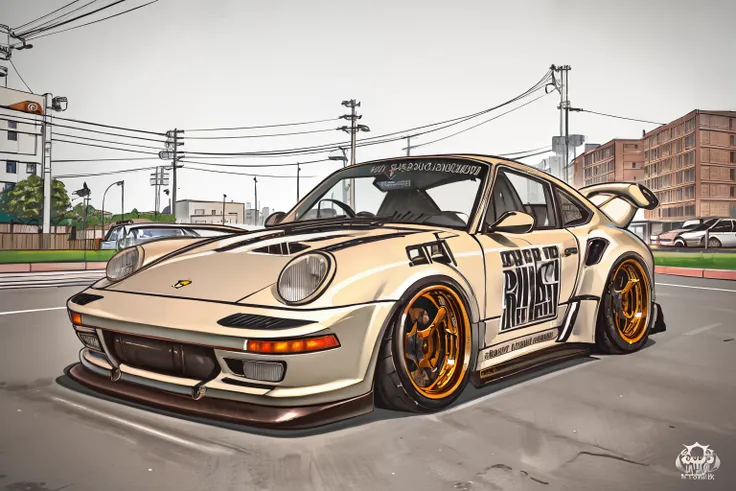 nvinkpunk, painting of a city with a kodiak brown metallic paint, metallic brown porsche 911 rwb rotting,wide bodykit, large whe...