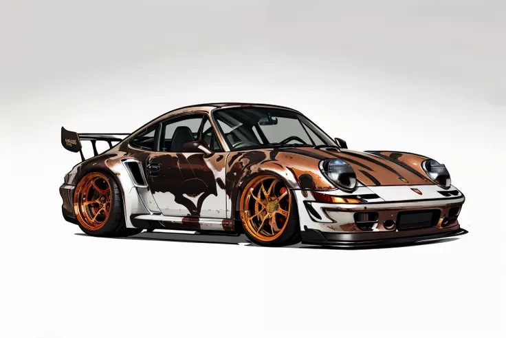 nvinkpunk, painting of a city with a kodiak brown metallic paint, metallic brown porsche 911 rwb rotting,wide bodykit, large whe...