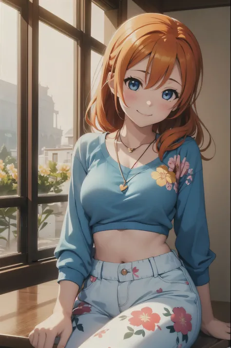 (Masterpiece, Best Quality, High Quality), (chibi),kousaka honoka, orange hair,low ponytail, blue eyes, volumetric lighting, illustration, beautiful, tight , Blushing, breasts, looking at viewer, blue top with shining stars, white harem pants,solo, floral ...