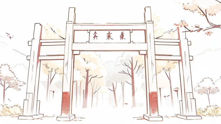 Line drawing coloring，HD，Chinese style，red arch，Green woods background，it&#39;s clear
