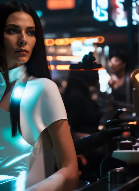 hay una mujer con un vestido blanco parada en un bar, carbono alterado style, style is a blend of æon flux, carbono alterado, In a style mixing æon flux, trinidad de la matriz, in the movie blade runner 2049, in a mixed æon flux style, matrix film color gr...