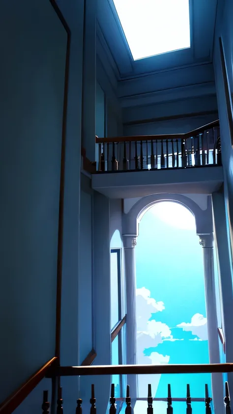 highest quality。masterpiece。detailed details。labyrinth in the air。long narrow passageway with handrails。long narrow staircase with handrail。landing with handrail。unrealistic。Open。The background is blue sky and white clouds。