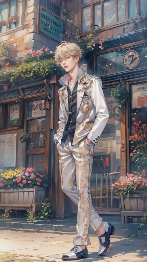 (absurdres, highres, ultra detailed, HDR), masterpiece, intricate, best quality, portrait of a character from Ikemen Shoujo Manga, a male idol in a detailed scenery town background , kpop idol