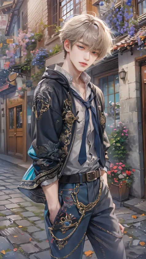 (absurdres, highres, ultra detailed, HDR), masterpiece, intricate, best quality, portrait of a character from Ikemen Shoujo Manga, a male idol in a detailed scenery town background , kpop idol