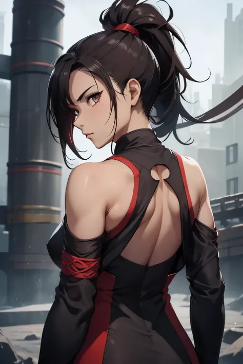 1 kunoichi, fair skin, long dark hair, ponytail, brown eyes, ((detailed eyes:1.2)), medium breasts, wearing ninja suit, sexy, nsfw, sensual, backless, sleevelesasterpiece, top quality, best quality, official art, beautiful and aesthetic:1.2), extreme detai...