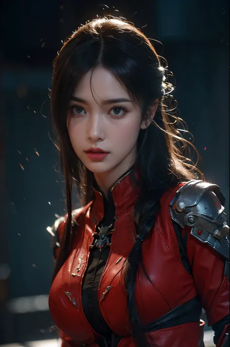 masterpiece,best quality,high resolution,8k,(portrait photo:1.5),(R original photo),real picture,digital photography,(Combination of cyberpunk and fantasy style),(female soldier),20 year old girl,Random hairstyle,through bangs,(red eye breasts, Accessories...