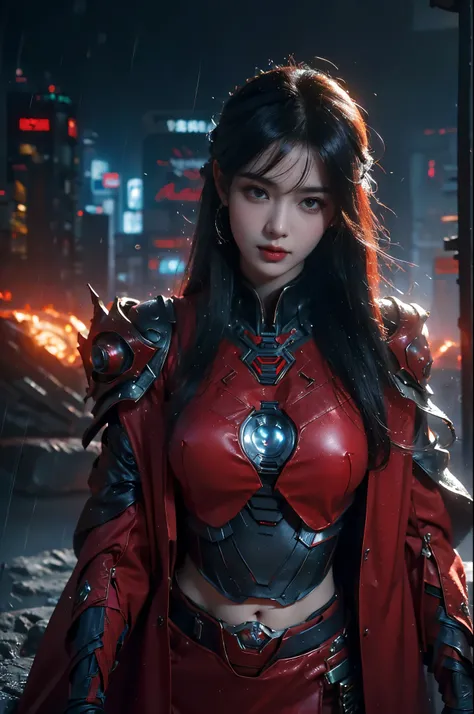 masterpiece,best quality,high resolution,8k,(portrait photo:1.5),(R original photo),real picture,digital photography,(Combination of cyberpunk and fantasy style),(female soldier),20 year old girl,Random hairstyle,through bangs,(red eye breasts, Accessories...