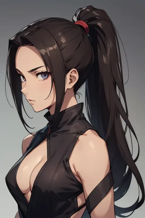 1 kunoichi, fair skin, long dark hair, ponytail, brown eyes, ((detailed eyes:1.2)), medium breasts, wearing ninja suit, sexy, sensual, open back, sleeveless, masterpiece, top quality, best quality, official art, beautiful and aesthetic:1.2), extreme detail...