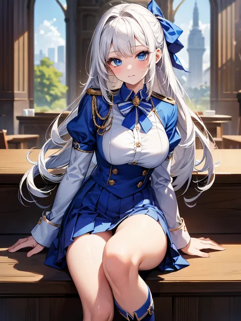 masterpiece, best quality, {best quality}, {{masterpiece}}, {high resolution}, girl，uniform，white hair，cute，1girl，beauty，big blue eyes，boots