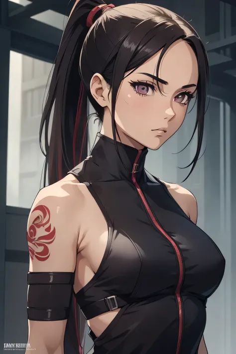 1 kunoichi, fair skin, long dark hair, ponytail, brown eyes, ((detailed eyes:1.2)), medium breasts, wearing ninja suit, sexy, sensual, open back, sleeveless, masterpiece, top quality, best quality, official art, beautiful and aesthetic:1.2), extreme detail...