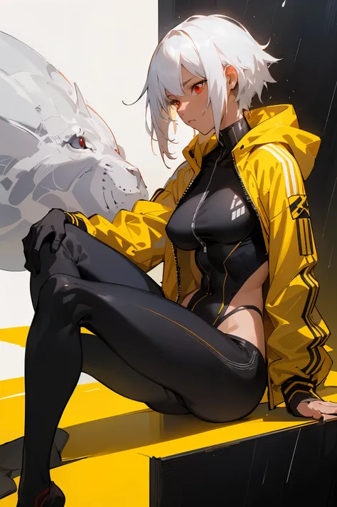 MUSCULAR, 35 years old woman, black woman, yellow jacket, Red eyes, rain, outdoor, hoodie, open jacket, looking at another, messy white hair, trending on artstation, 8k resolution, highly detailed, anatomically correct, sharp image, digital painting, conce...