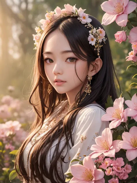 ((highest quality)),(ultra high resolution),(Super detailed),(detailed description),((best CG)),(best work of art),super precision art,amazing drawing art,(Art with precise details:1.5), her surroundings are different々Flowers are blooming profusely。