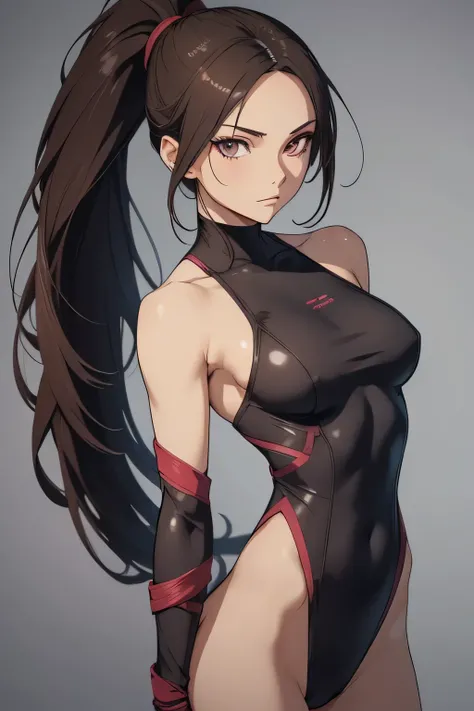 1 kunoichi, fair skin, long dark hair, ponytail, brown eyes, ((detailed eyes:1.2)), medium breasts, wearing unitard, sexy, sensual, open back, sleeveless, masterpiece, top quality, best quality, official art, beautiful and aesthetic:1.2), extreme detailed,...