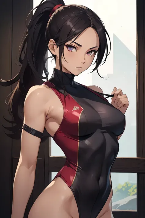 1 kunoichi, fair skin, long dark hair, ponytail, brown eyes, ((detailed eyes:1.2)), medium breasts, wearing unitard, sexy, sensual, open back, sleeveless, masterpiece, top quality, best quality, official art, beautiful and aesthetic:1.2), extreme detailed,...