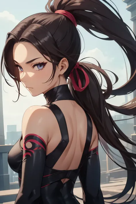 1 kunoichi, fair skin, long dark hair, ponytail, brown eyes, ((detailed eyes:1.2)), medium breasts, wearing unitard, sexy, sensual, open back, sleeveless, masterpiece, top quality, best quality, official art, beautiful and aesthetic:1.2), extreme detailed,...