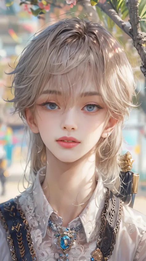 (absurdres, highres, ultra detailed, HDR), masterpiece, intricate, best quality, portrait of a student boy character from Ikemen Shoujo Manga, eyes on viewer, a male idol in a detailed scenery school background , kpop idol