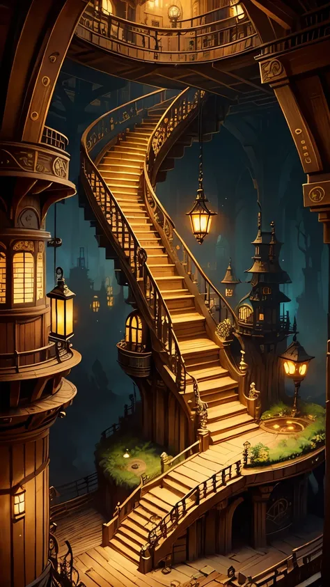 steampunkai。highest quality。masterpiece。detailed details。A wooden underground labyrinth consisting only of stairs and landings.。small mysterious lighting。Stalls on the landing。