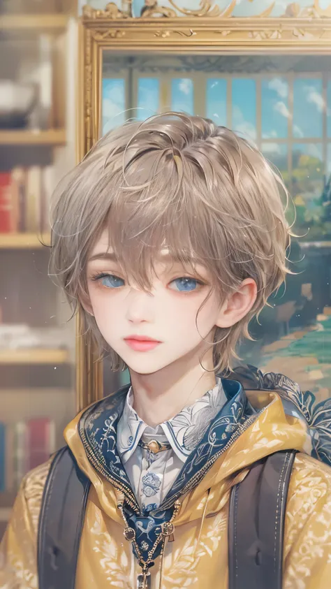 (absurdres, highres, ultra detailed, HDR), masterpiece, intricate, best quality, portrait of a student boy character from Ikemen Shoujo Manga, eyes on viewer, a male idol in a detailed scenery school background , kpop idol