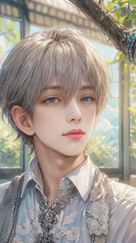 (absurdres, highres, ultra detailed, HDR), masterpiece, intricate, best quality, portrait of a student boy character from Ikemen Shoujo Manga, eyes on viewer, a male idol in a detailed scenery school background , kpop idol