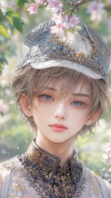 (absurdres, highres, ultra detailed, HDR), masterpiece, intricate, best quality, portrait of a student boy character from Ikemen Shoujo Manga, eyes on viewer, a male idol in a detailed scenery school background , kpop idol