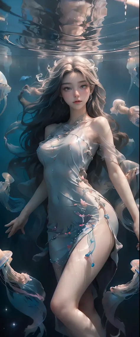 masterpiece、highest quality、High resolution、photorealistic、High resolution、Raw photo、((A group of jellyfish swimming in space with the Earth in the background:1.2))、((1girl、A beautiful woman is swimming among jellyfish、detailed face and eyes、beautiful face...