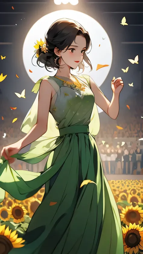 sunflower，Butterfly_flowering, come down_petal, alone,1 girl,dance， looking at the audience,